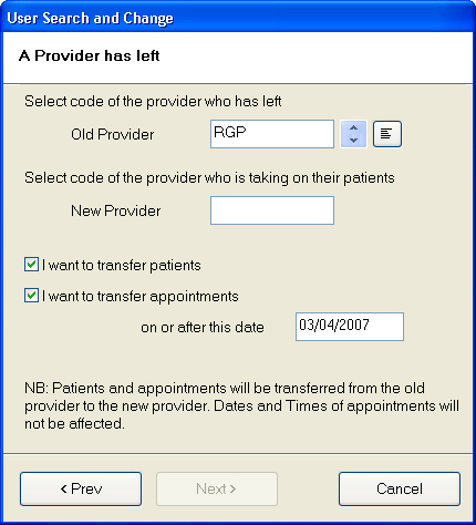 'A Provider Has Left' Search and Chnage screen