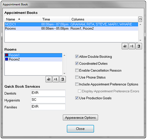 Appointment Book configuration screen