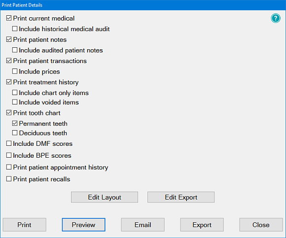 Print Patient Details screen