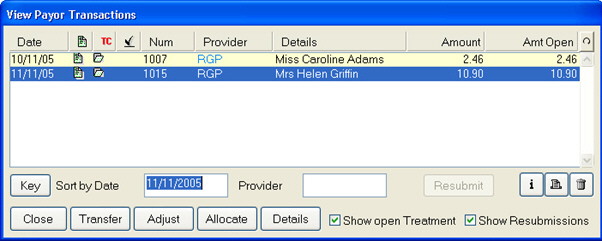 Payor Transactions window