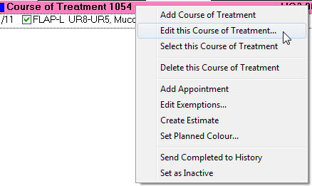Course of Treatment drop-down menu