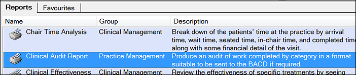 Clinical Audit Report menu item