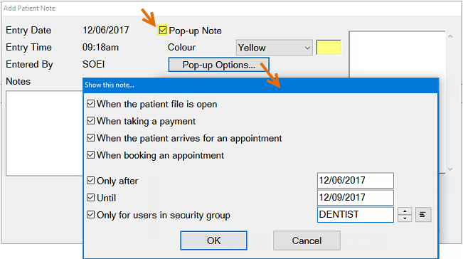 Pop-Up Note checkbox