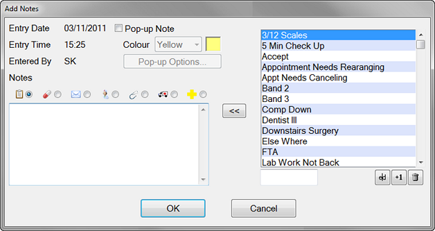 Add Notes dialog (Medical Tab)