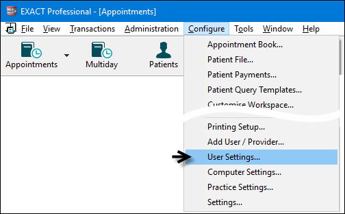 User Settings menu